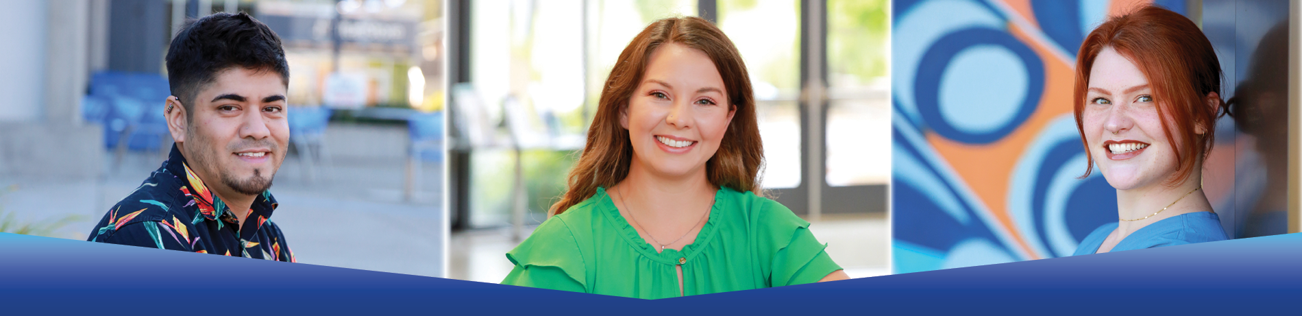 Three portrait photos displayed side-by-side in a wide banner layout against a blue gradient background. Each person is smiling and framed in a rectangular panel, with the bottom edges angled diagonally to create a layered, modern collage effect.