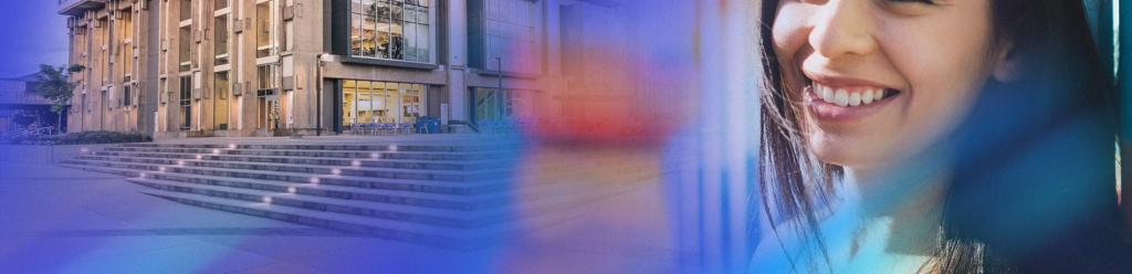 Image of a future student on a colored background next to our center building