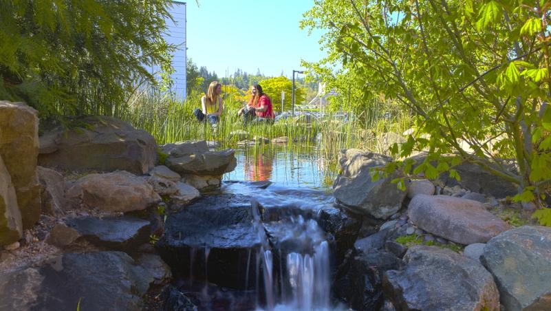 two people sitting in front of a tiny waterfall made on campus