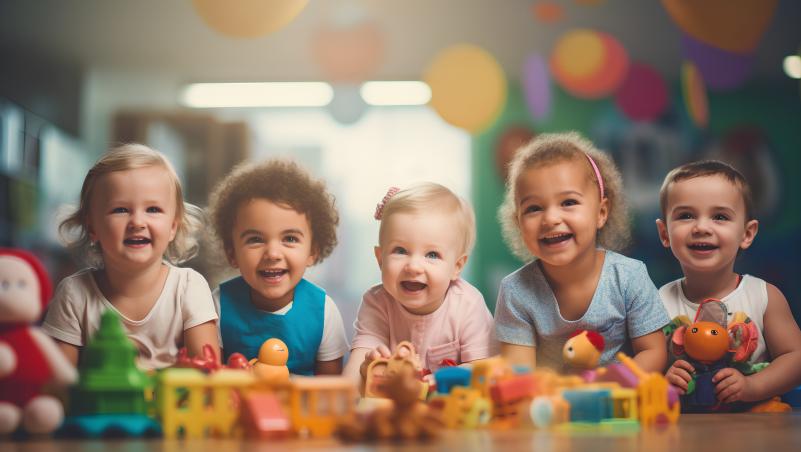 Toddlers look at the camera with colorful blocks in front of them.