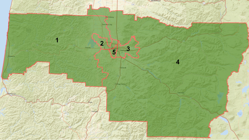 A map of the five zones in the Lane Community College Service District.