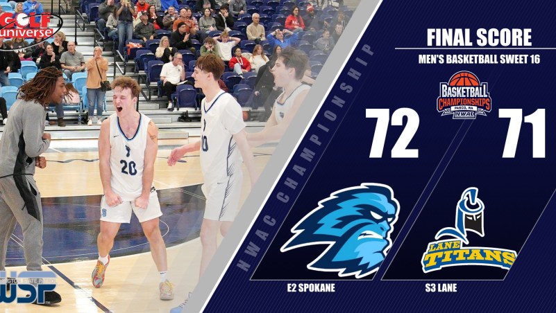 Spokane basketball player celebrating following 72-71 win over Lane Men's Basketball