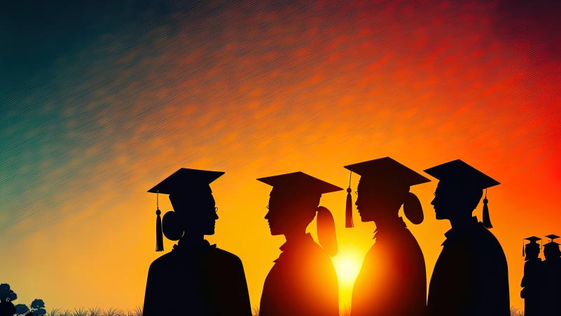 Graduating Students silhouetted by the setting sun