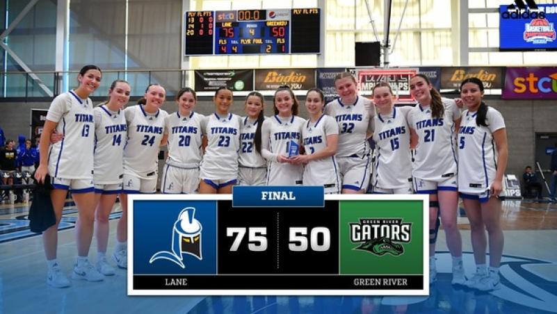 Lane Titans Women's Basketball team and 75-50 score over Gators
