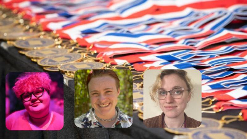 a table with medals and three headshots of students