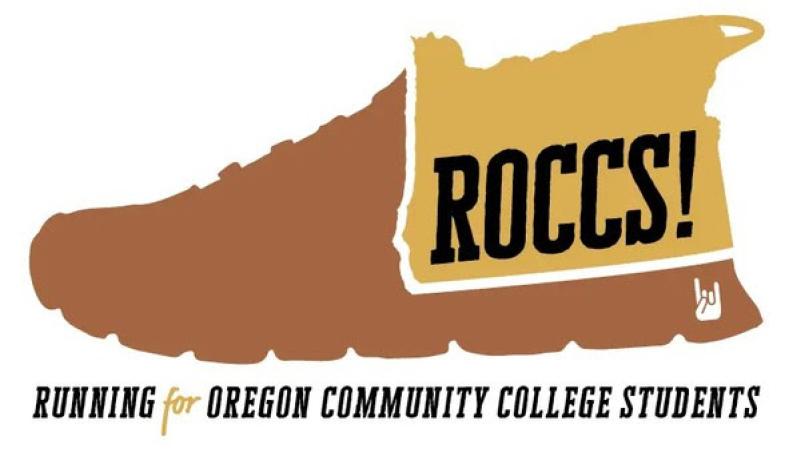 Logo of a brown running shoe with the word “ROCCS!” and the phrase “Running for Oregon Community College Students” underneath.