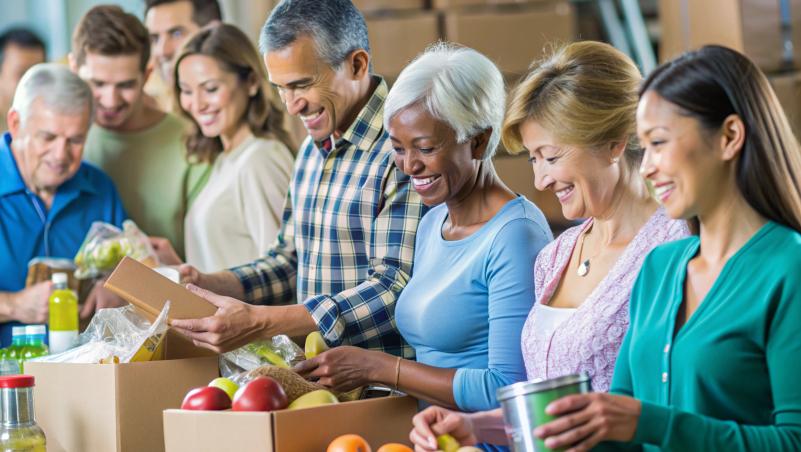 A diverse group of adults stands in a row packing boxes with fresh produce and canned goods during a volunteer food pantry event.