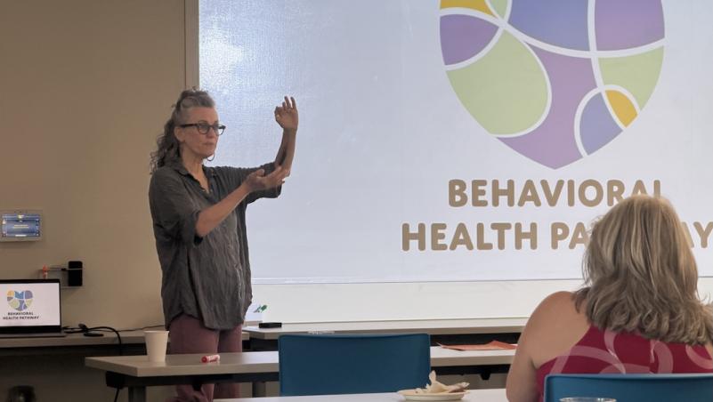 Kate Doyle, a graphic designer, instructs high school CTE art teachers on logo creation