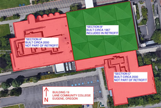 2020 Dec aerial image of building 19 showing section to be seismic retrofit