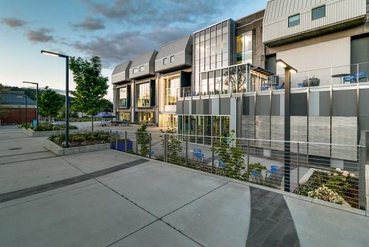 View of empty plaza outside Lane's Center Building, main campus