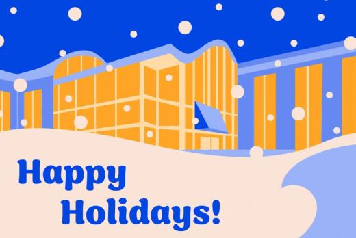 A wintery view of LCC's main campus with the message, "Happy Holidays from all of us at Lane Community College!"