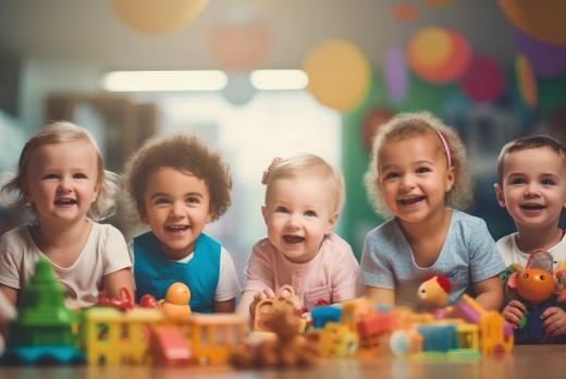 Toddlers look at the camera with colorful blocks in front of them.