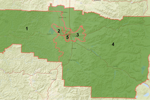 A map of the five zones in the Lane Community College Service District.