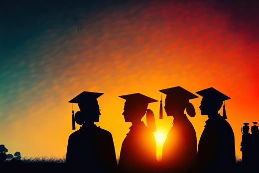 Graduating Students silhouetted by the setting sun