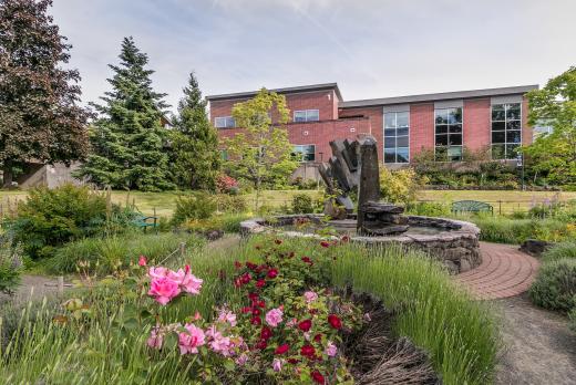 West Entrance Garden Fountain on Lane Community College's main campus with Building 1 in background