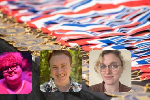 a table with medals and three headshots of students