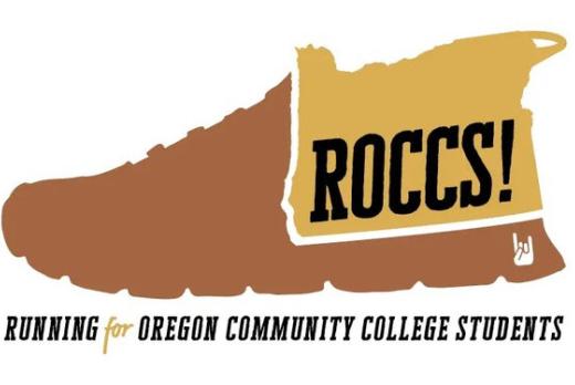 Logo of a brown running shoe with the word “ROCCS!” and the phrase “Running for Oregon Community College Students” underneath.