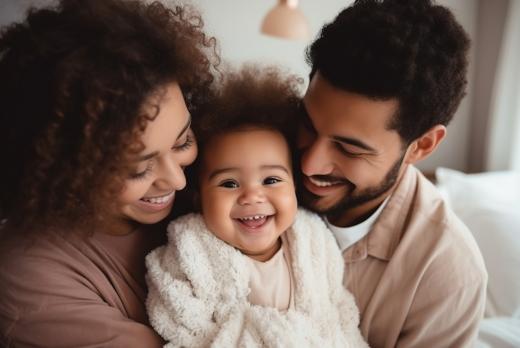 Diverse young family couple playing with cute baby holding infant kid girl.