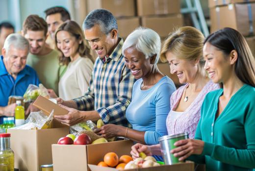 A diverse group of adults stands in a row packing boxes with fresh produce and canned goods during a volunteer food pantry event.