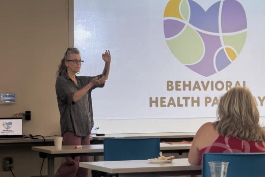 Kate Doyle, a graphic designer, instructs high school CTE art teachers on logo creation