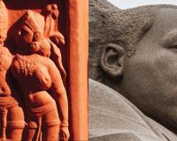 collage of old castle, indian temple carvings, martin luther king jr statue, and ancient statues covered in moss