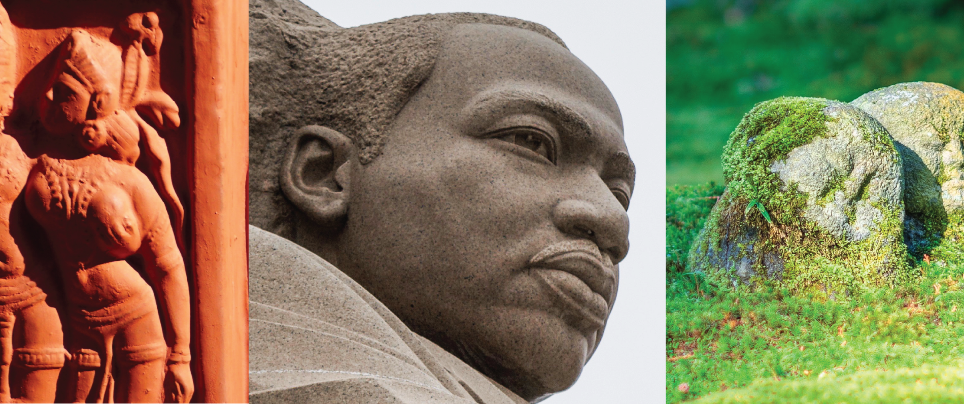 collage of old castle, indian temple carvings, martin luther king jr statue, and ancient statues covered in moss