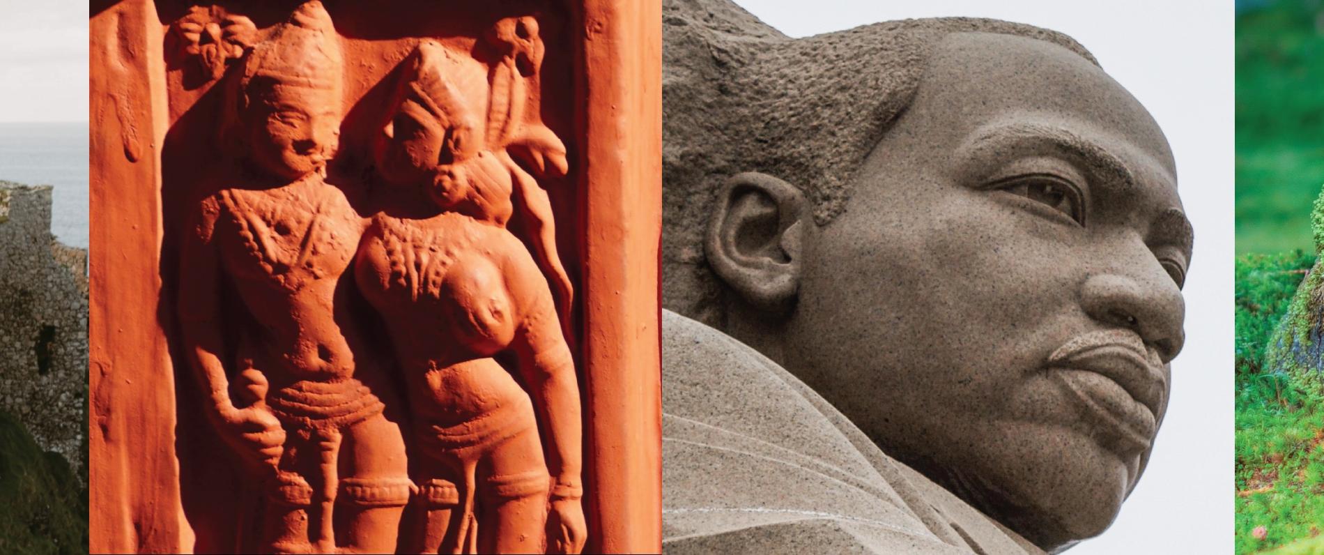 collage of old castle, indian temple carvings, martin luther king jr statue, and ancient statues covered in moss