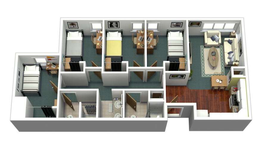 4 bedroom apartment layout, with showing 4 individaul bedrooms, 2 bathrooms, and a common area with full kitchen. 