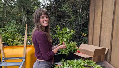 Ellie, a student worker, cleaning produce in the learning garden to donate to the food pantry