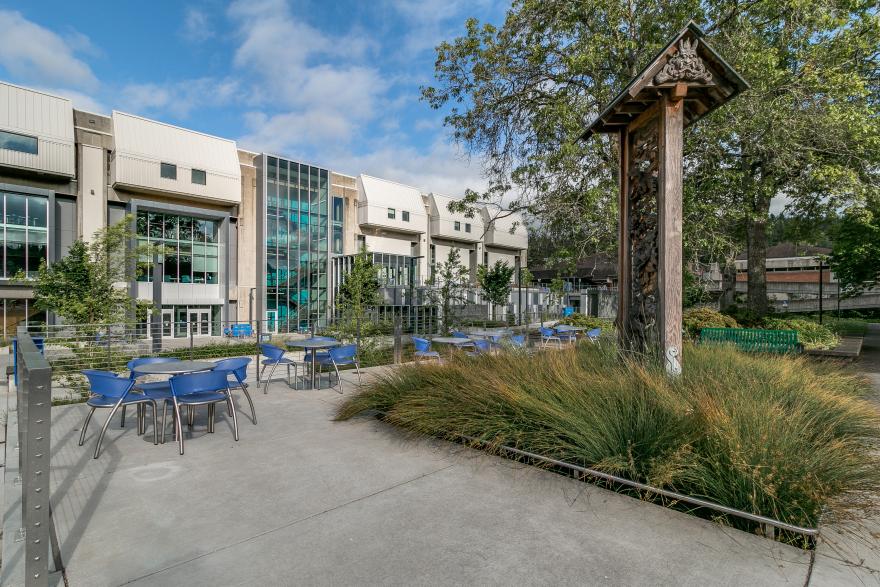 View of the center building with natural landscaping, chairs, tables, and a sculpture.