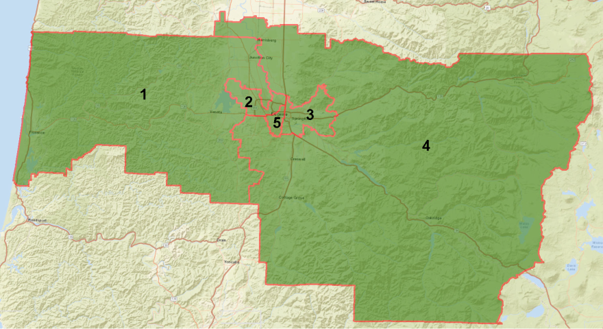 A map of the five zones in the Lane Community College Service District.