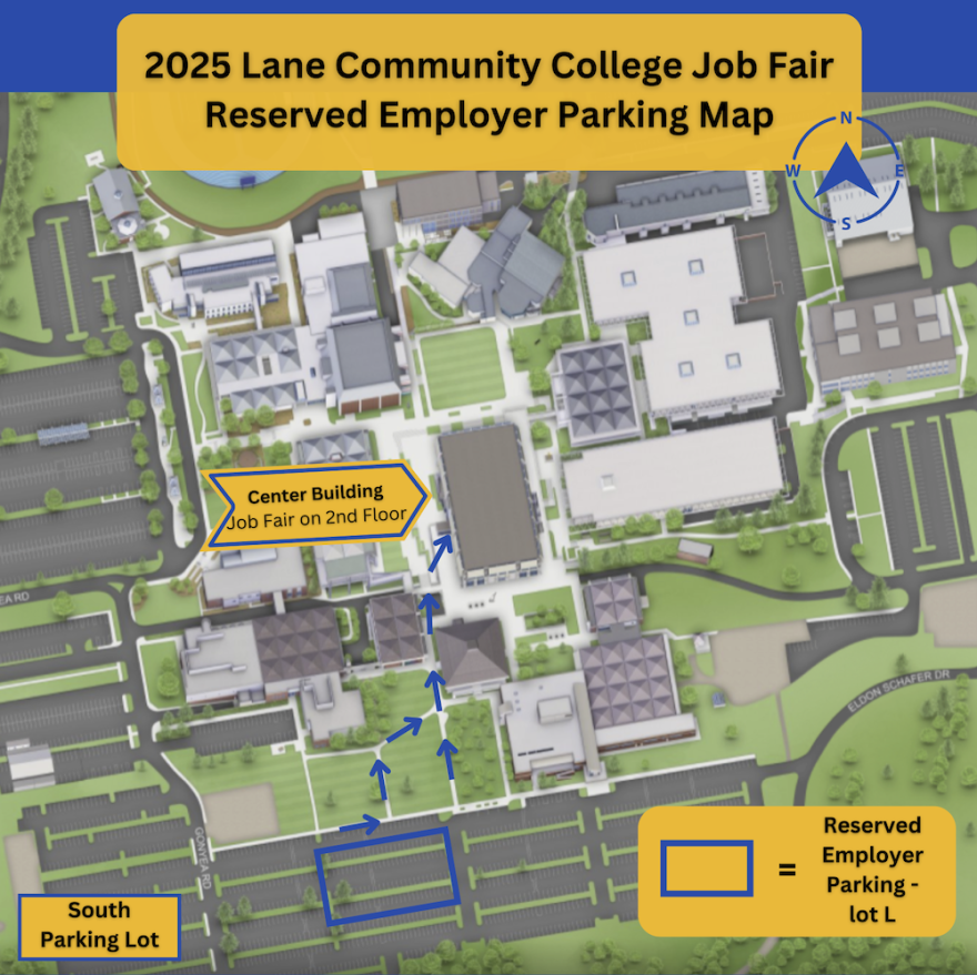 The 2025 Job fair will be located in the Center Building. Parking is free in all lots, but reserved job fair parking is avaialble in Lot L on the south side of campus, and the Center Building is located at the center of campus.