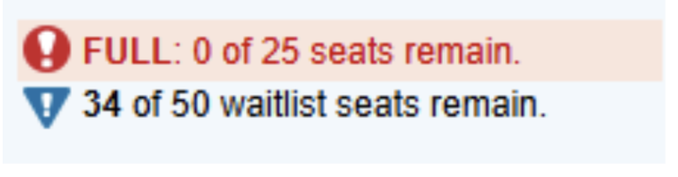 a screenshot snippet that reads "full: 0 of 25 seats remain. 34 of 50 waitlist seats remain