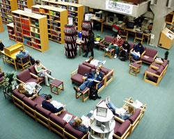 balcony view of LCC Main Campus Library main floor