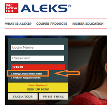 ALEKS login screenshot with directions matching text on page