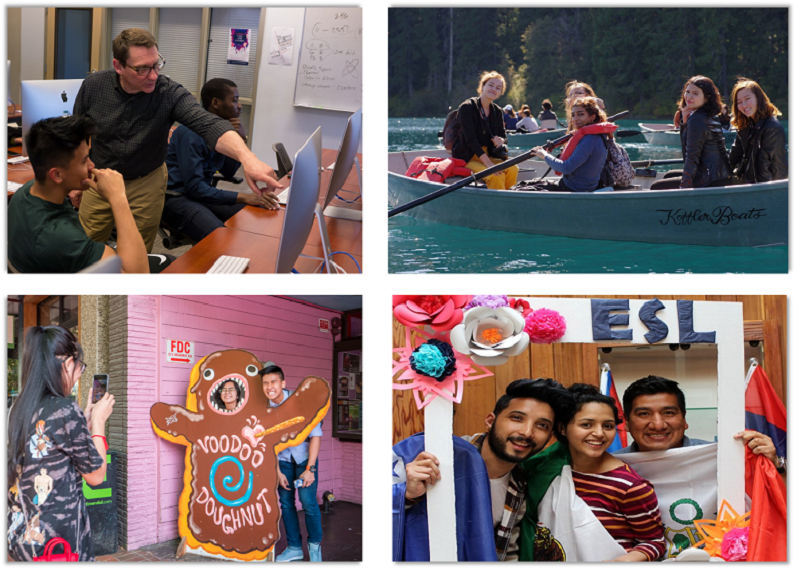 Collage of student in computer lab, ESL celebration, voodoo doughnuts and students in a boat