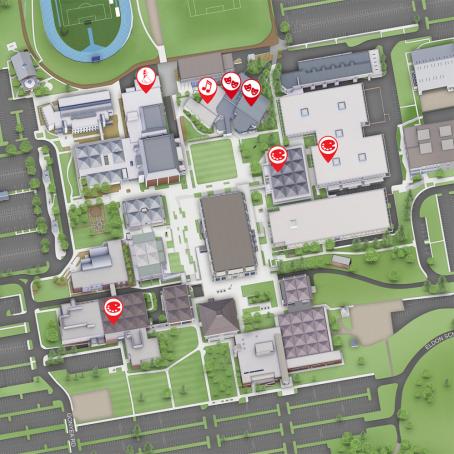 a map of campus highlighting performance venues and art galleries