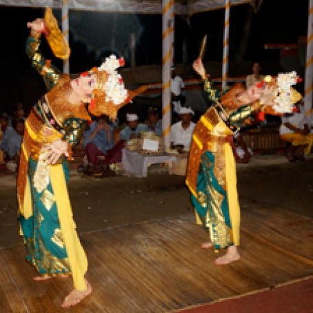 Another photo of dancers Bonnie Simoa and Erin Elder performing the Legong dance in Bangli, Bali, in…