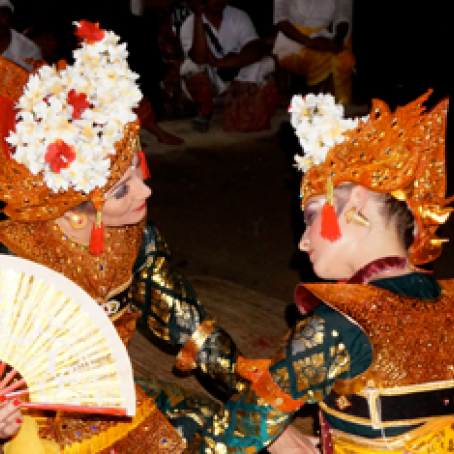 Dancers Bonnie Simoa and Erin Elder perform the Legong dance in Bangli, Bali, in 2015