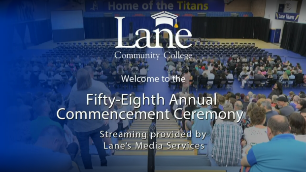 friends and family at LCC's gym with text reading: "Welcome to the fifty-eighth annual commencement ceremony."